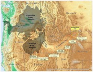 map with yellow and cyan coloring, showing topography of western U.S. states