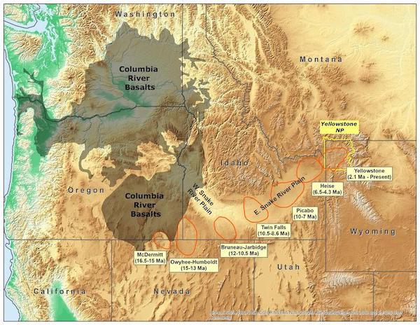 map with yellow and cyan coloring, showing topography of western U.S. states